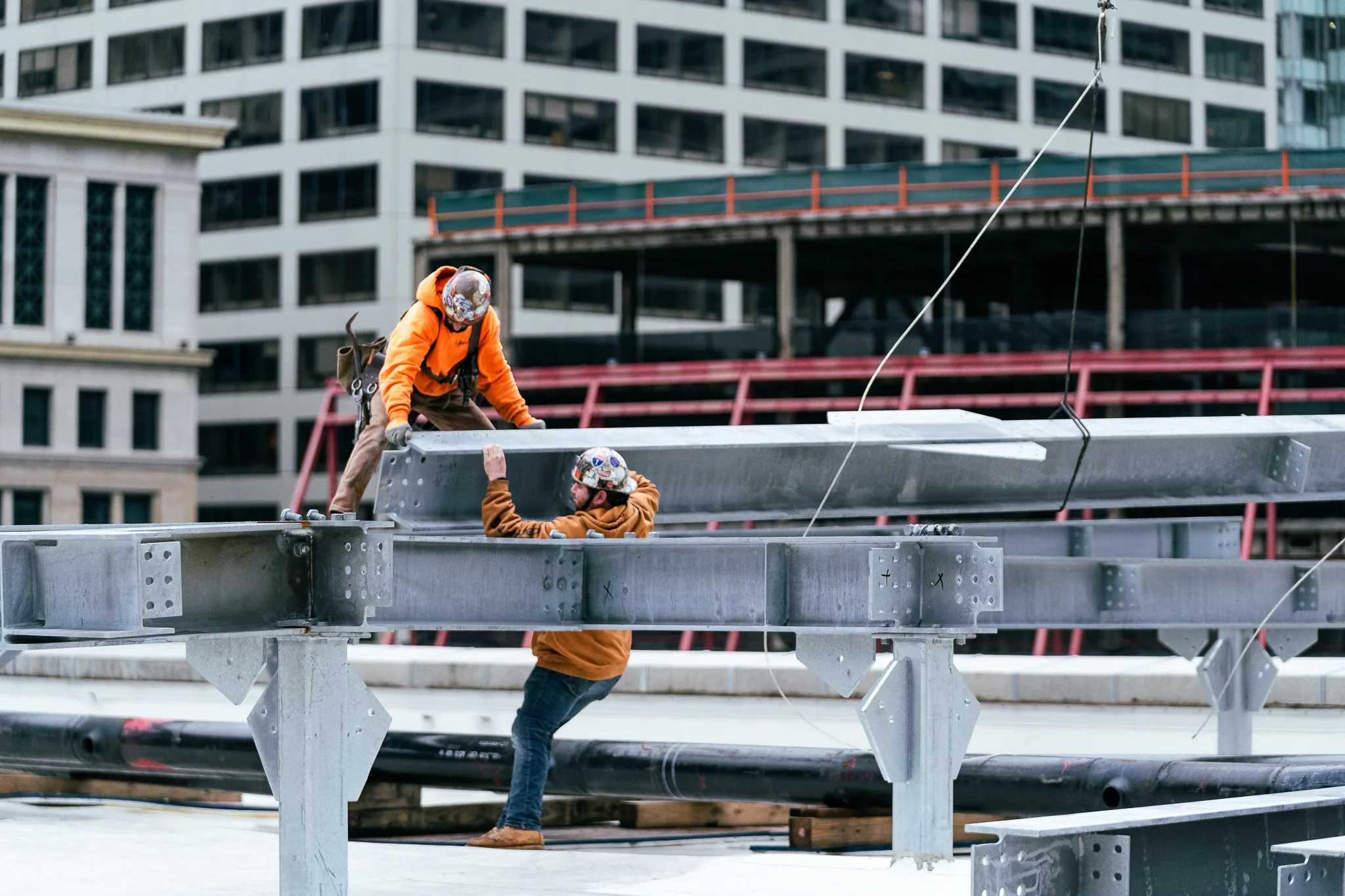 DePasquale Steel crew setting rooftop steel in downtown Chicago